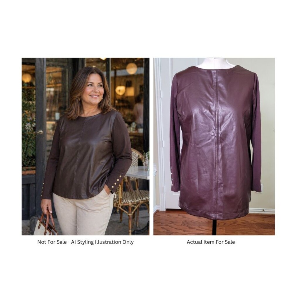 Chicos Tunic Top Faux Leather Front Brown Women L (2) Sleeve Button Rockstar